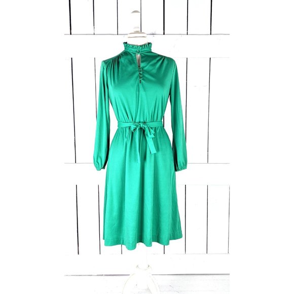Vintage JCPenney green stretch polyester long sleeve belted peep hole dress - Picture 5 of 5
